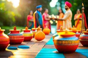 Indisch bruiloft ceremonie met kleurrijk potten en kaarsen. ai-gegenereerd foto