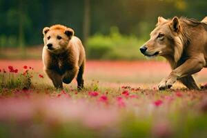 twee leeuwen rennen door een veld- van bloemen. ai-gegenereerd foto