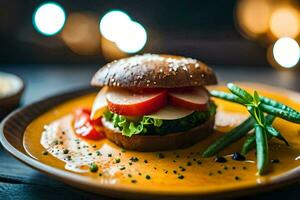 een Hamburger met kaas en groenten Aan een bord. ai-gegenereerd foto