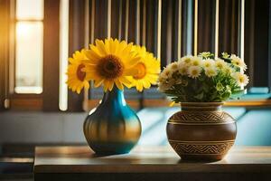 twee vazen met zonnebloemen Aan een tafel. ai-gegenereerd foto