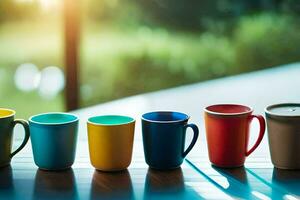 vijf kleurrijk koffie cups bekleed omhoog Aan een tafel. ai-gegenereerd foto