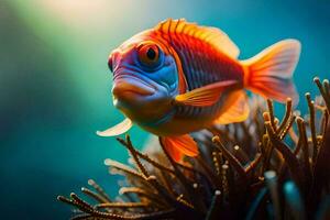 een vis met helder rood ogen is zittend Aan top van een anemoon. ai-gegenereerd foto