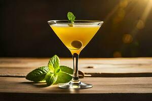 een cocktail met een groen olijf- garneren. ai-gegenereerd foto