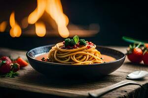 spaghetti met tomaat saus en vers aardbeien Aan een houten tafel. ai-gegenereerd foto