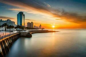 de zon sets over- een stad horizon en de oceaan. ai-gegenereerd foto