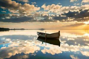 een boot is drijvend in de water Bij zonsondergang. ai-gegenereerd foto