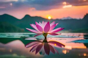een roze lotus bloem is weerspiegeld in de water Bij zonsondergang. ai-gegenereerd foto
