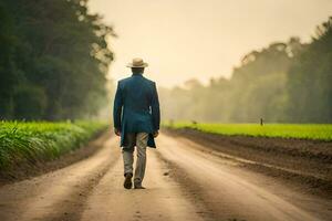 een Mens in een blauw pak en hoed wandelingen naar beneden een aarde weg. ai-gegenereerd foto