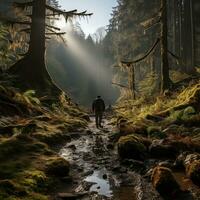 een backpacker wandelen door een dicht Woud, zonlicht streaming door de bomen generatief ai foto