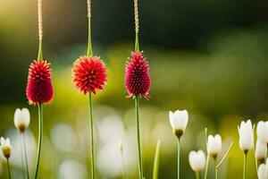 drie rood bloemen zijn staand in een veld. ai-gegenereerd foto