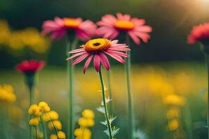 roze bloemen in een veld- met zon schijnend door. ai-gegenereerd foto