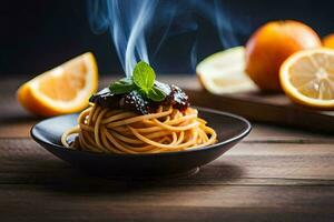 spaghetti met tomaat saus en basilicum bladeren Aan een houten tafel. ai-gegenereerd foto