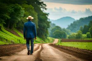 een Mens in een pak en hoed wandelingen naar beneden een aarde weg. ai-gegenereerd foto