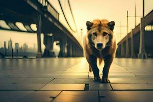 een hond wandelen Aan een brug in de stad. ai-gegenereerd foto