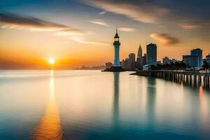 de zon stijgt over- de stad horizon in Kuala lomp, Maleisië. ai-gegenereerd foto