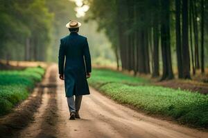 Mens in een pak wandelen naar beneden een aarde weg. ai-gegenereerd foto