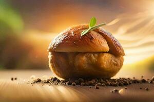 een gebakken brood met een blad Aan top. ai-gegenereerd foto