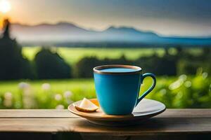 een kop van koffie Aan een houten tafel in de ochtend. ai-gegenereerd foto