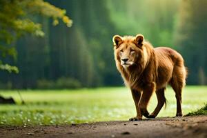 een leeuw wandelen Aan een aarde weg in de midden- van een Woud. ai-gegenereerd foto