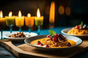 spaghetti met tomaat saus en groenten Aan een houten tafel. ai-gegenereerd foto