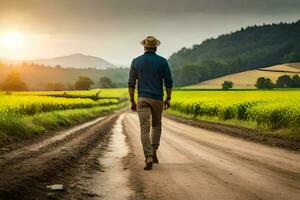 een Mens wandelen naar beneden een aarde weg in de midden- van een veld. ai-gegenereerd foto