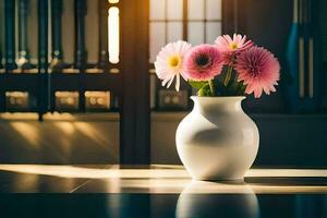 een vaas met roze bloemen zittend Aan een tafel. ai-gegenereerd foto