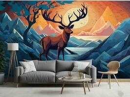 3d abstractie modern muur kunst decor behang met blauw en gouden hert dieren met zonsondergang berg en bomen illustratie achtergrond generatief ai foto