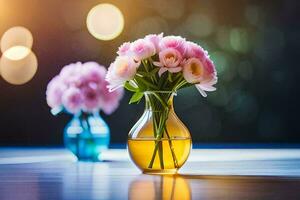 roze bloemen in een vaas Aan een tafel. ai-gegenereerd foto