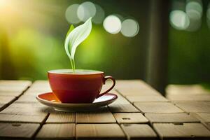 een kop van koffie met een groen fabriek groeit uit van het. ai-gegenereerd foto