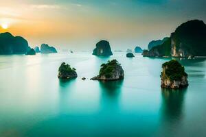 de zonsopkomst over- Halong baai. ai-gegenereerd foto