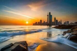 de stad horizon in Dubai Bij zonsondergang. ai-gegenereerd foto