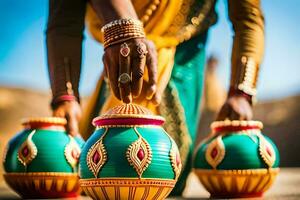 een vrouw in een sari is Holding een pot met een goud en groen ontwerp. ai-gegenereerd foto