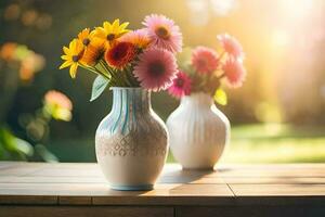 twee vazen met bloemen Aan een tafel in de zon. ai-gegenereerd foto