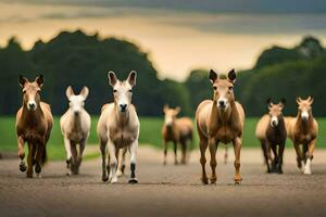 een kudde van paarden wandelen naar beneden een weg. ai-gegenereerd foto