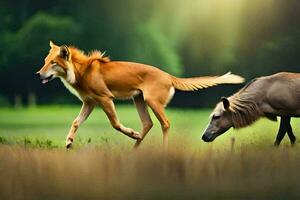 een paard en een hond rennen in de gras. ai-gegenereerd foto