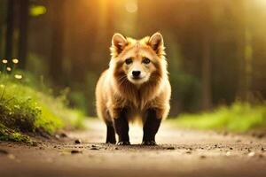 een hond wandelen Aan een aarde weg in de bossen. ai-gegenereerd foto