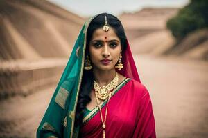 een vrouw in een rood sari en goud sieraden. ai-gegenereerd foto