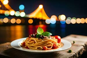 pasta met tomaat saus en basilicum bladeren Aan een bord. ai-gegenereerd foto