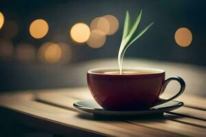 een kop van koffie Aan een houten tafel met lichten in de achtergrond. ai-gegenereerd foto