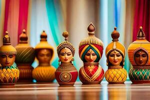 een rij van kleurrijk houten poppen met verschillend gezichten. ai-gegenereerd foto
