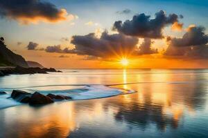 de zon stijgt over- de oceaan en rotsen in de water. ai-gegenereerd foto