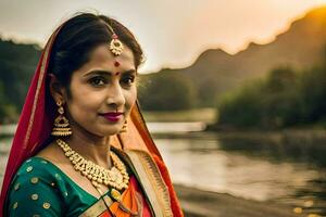 een mooi Indisch vrouw in traditioneel kleding. ai-gegenereerd foto