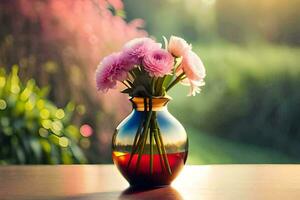 roze bloemen in een vaas Aan een tafel in de zon. ai-gegenereerd foto