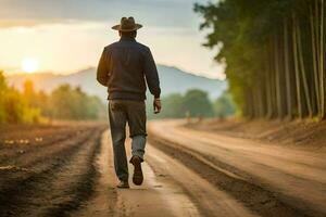 een Mens in een hoed wandelingen naar beneden een aarde weg. ai-gegenereerd foto