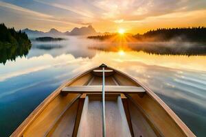 een boot Aan een meer Bij zonsondergang met de zon stijgende lijn. ai-gegenereerd foto