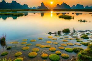 de zonsopkomst over- li rivier- in China. ai-gegenereerd foto