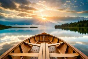 de boot is Aan de meer Bij zonsondergang. ai-gegenereerd foto