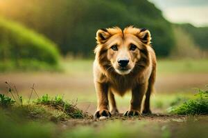 een leeuw is wandelen in de veld. ai-gegenereerd foto