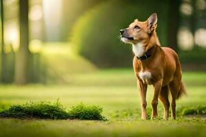 een hond staand in de gras op zoek omhoog. ai-gegenereerd foto