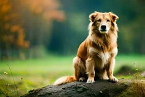 een gouden retriever zittend Aan top van een rots in de gras. ai-gegenereerd foto